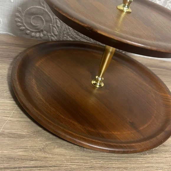 Vintage MCM Mid Century Modern Wood 2 Tier Serving Tray Platter Giftwood - Picture 2 of 8